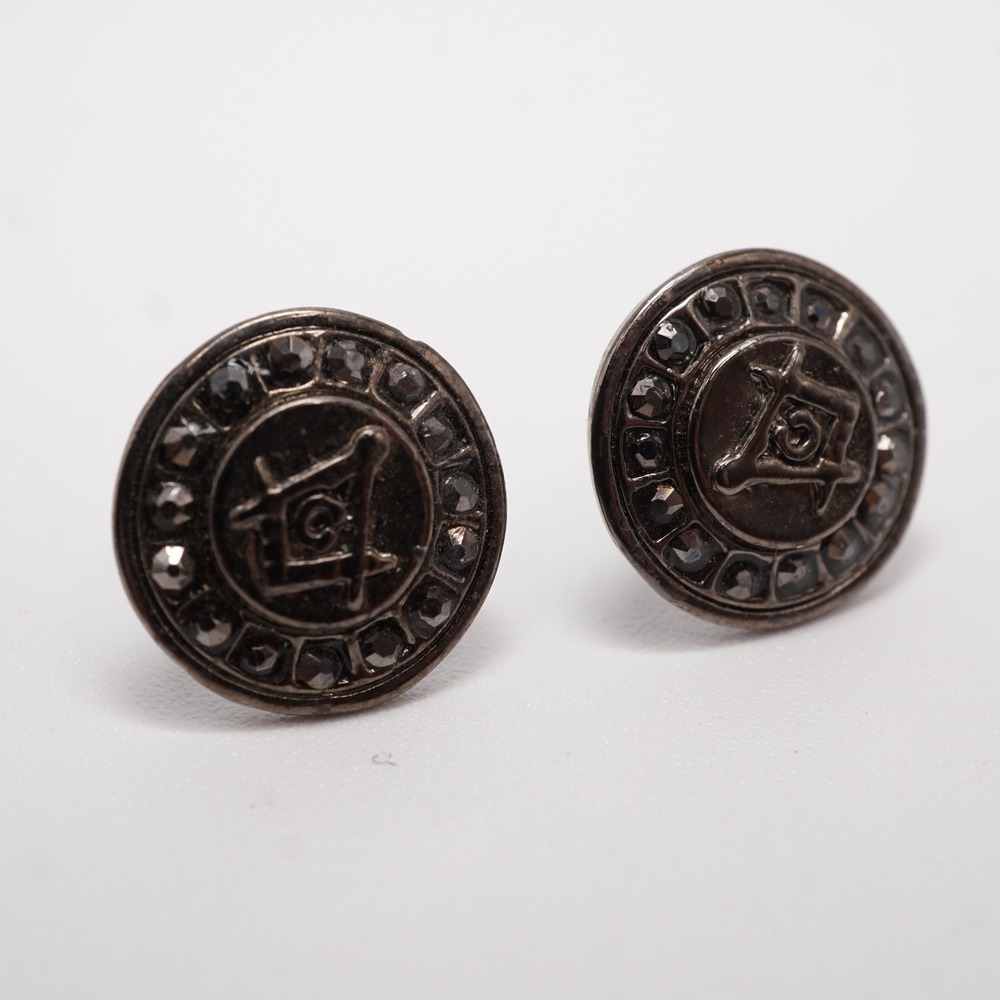 Masonic Square and Compasses Gunmetal Stud Earrings Hematite Rhinestone Circle
